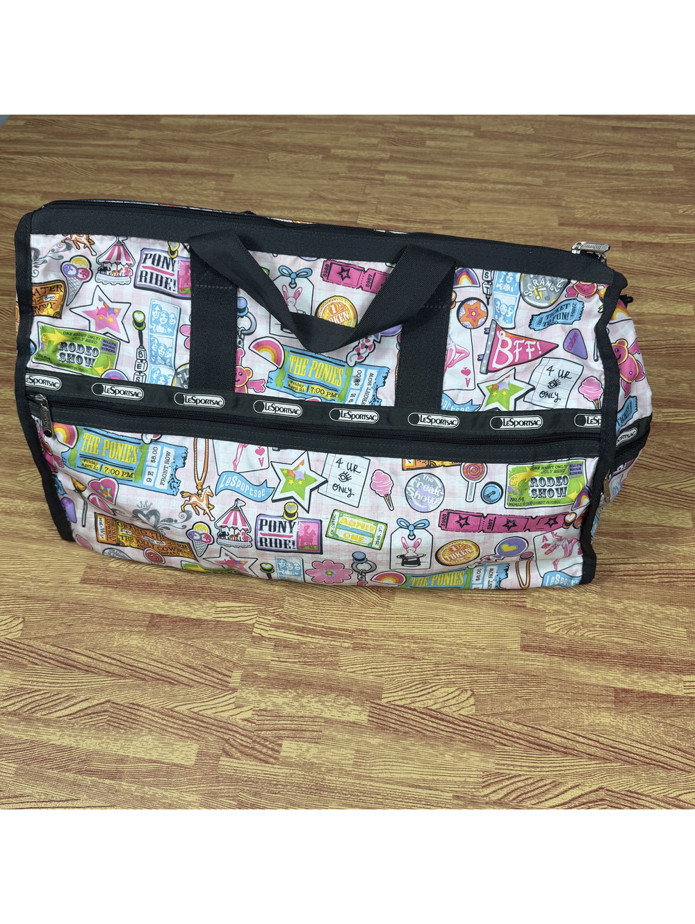 LeSportsac Weekender Duffel Bag Y2K Carnival Rodeo Ticket Print Ripstop Nylon